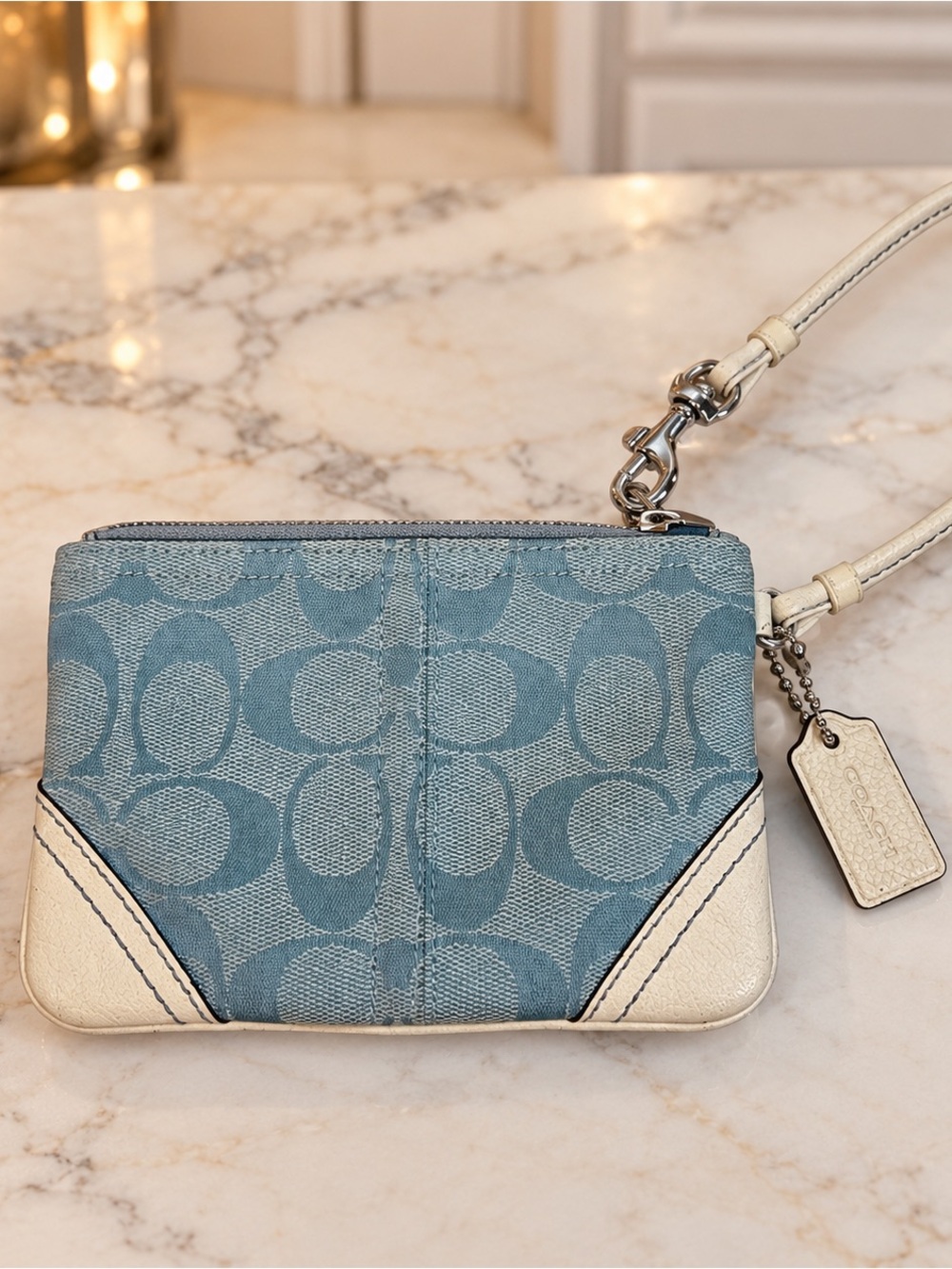 Coach Signature Canvas Wristlet Blue Gray & Ivory Leather